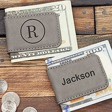 Grey Leatherette Personalized Magnetic Money Clip