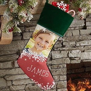 Snowflake Personalized Green Christmas Photo Stocking