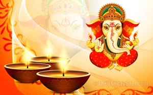 Diwali wallpaper themed with three diyas and Lord Ganesha gives blessings