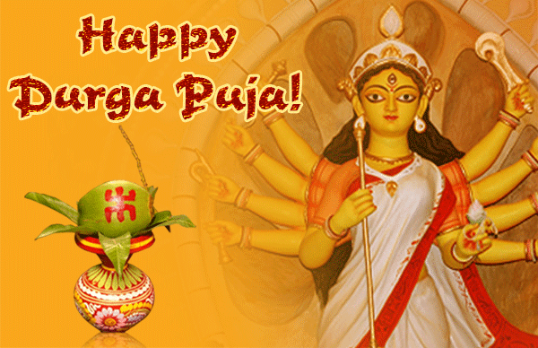 Happy Durga Puja animated glittering greeting