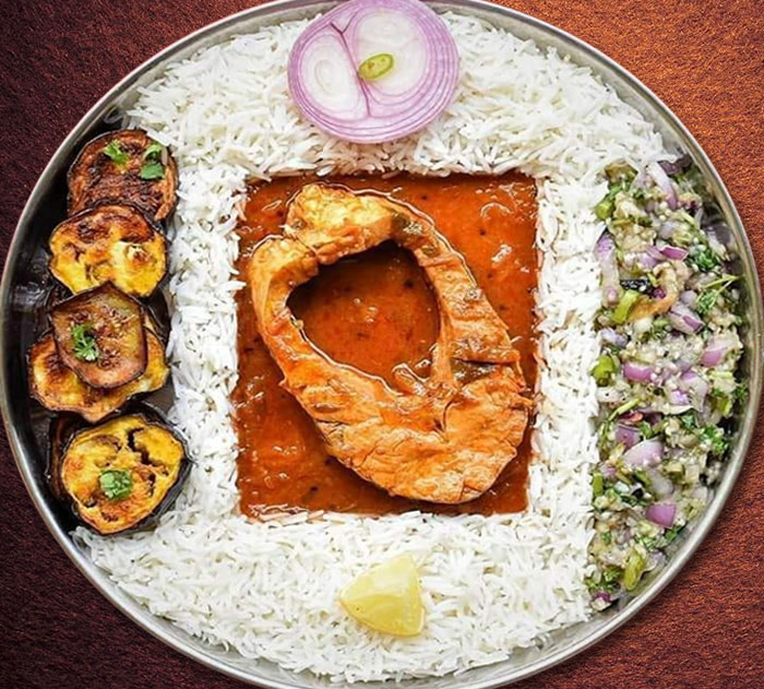 Thali decoration with rice and fish curry