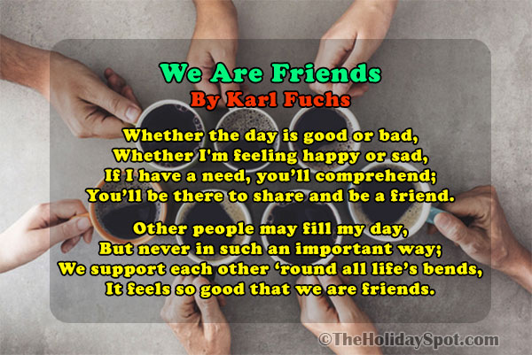 Friendship Day Poem image themed with some friends' hands with cups of tea
