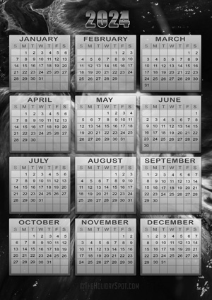 Black and white printable 2024 Calendar with the background of abstract
