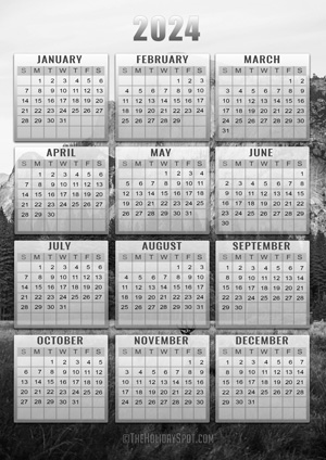 Printable black and white Calendar for the year 2024 with beautiful nature background