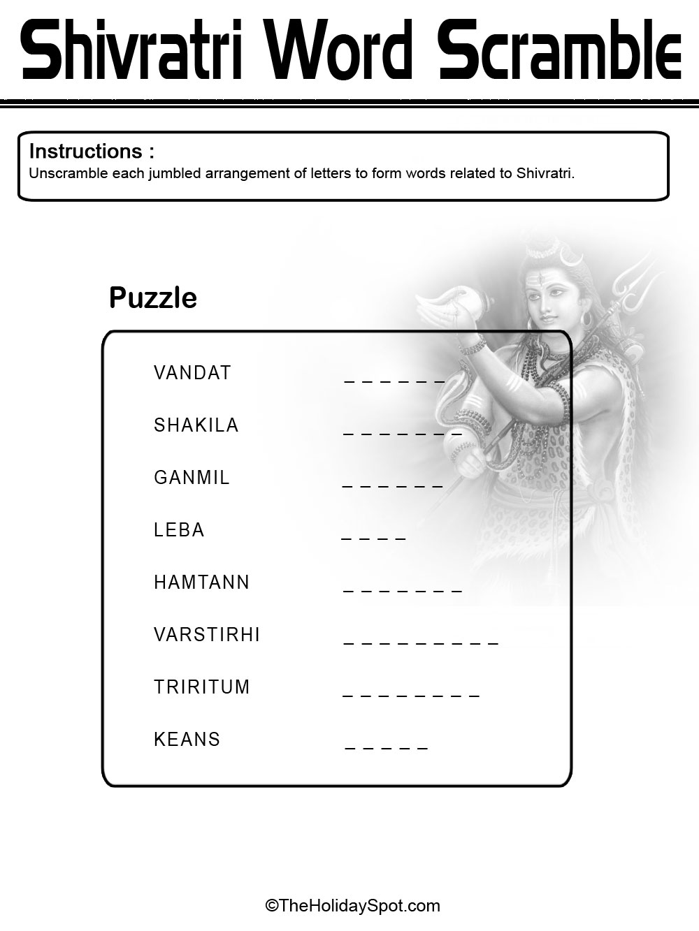 Shivratri Word Scramble Puzzle - Black and White