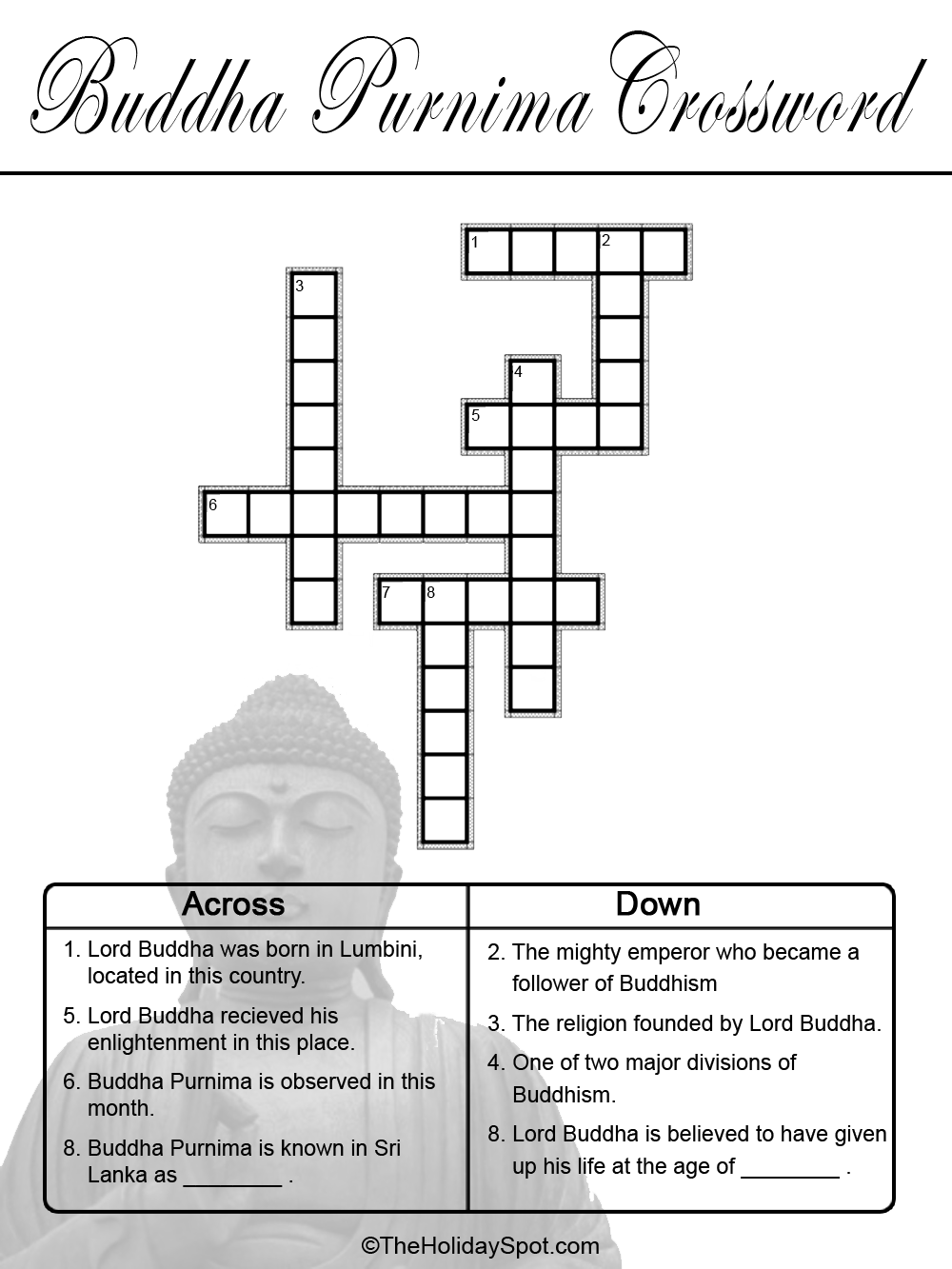 Black and White Crossword Puzzle for Buddha Purnima