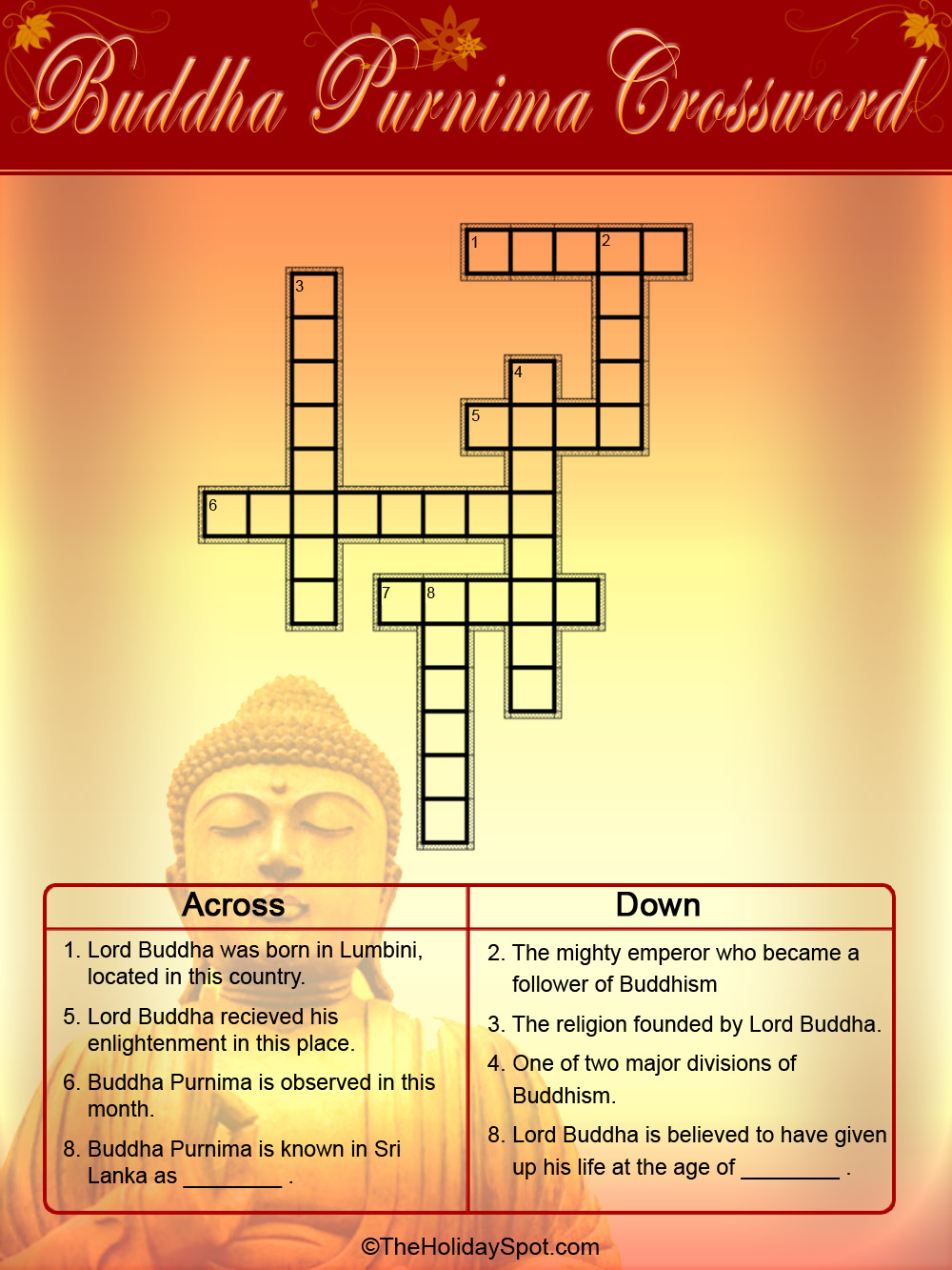 Color Crossword Puzzle for Buddha Purnima
