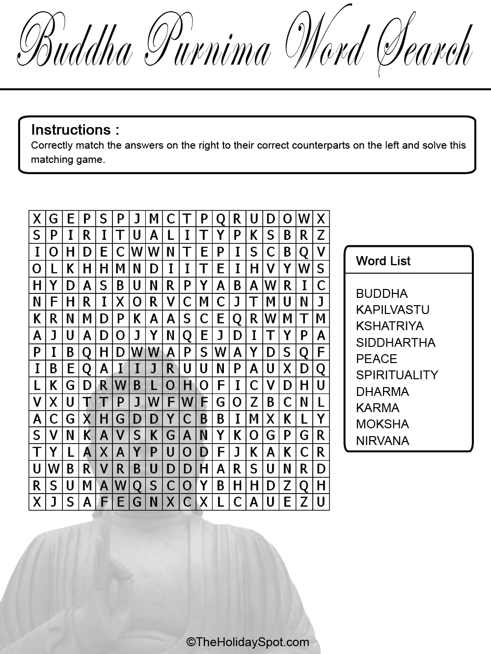 Black and White Word Search Puzzle Template for Buddha Purnima