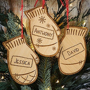 Family Winter Mitten Engraved Wood Ornament- Natural