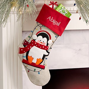 Christmas Lights Penguin Personalized Christmas Stocking