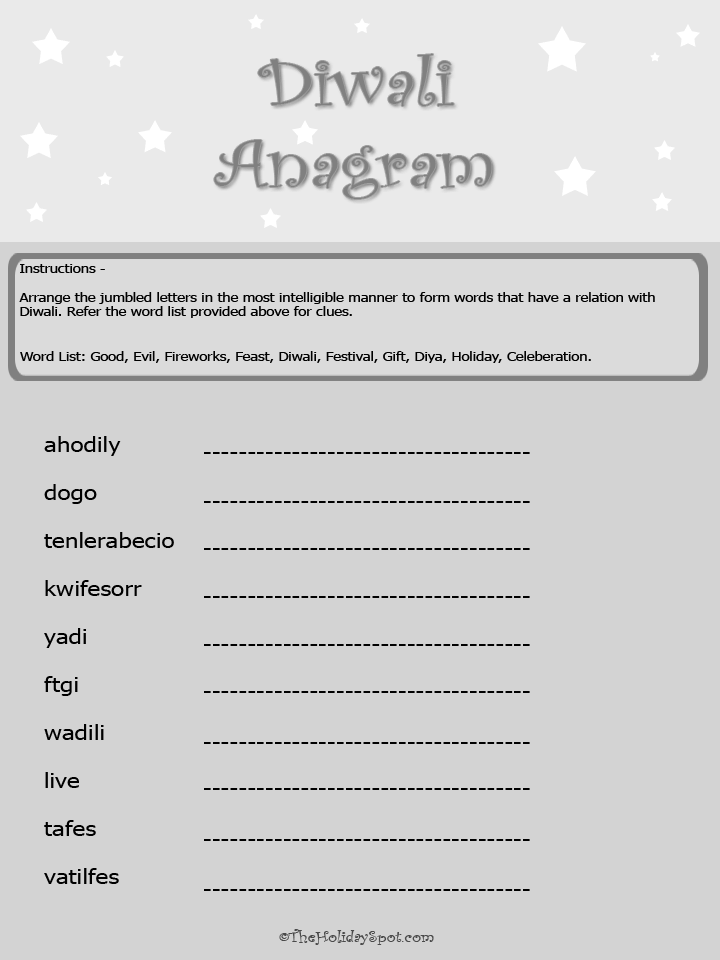 Diwali Anagram Easy Black and White Template