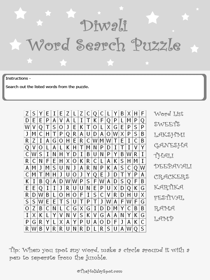 Diwali Word Search Black and White Template