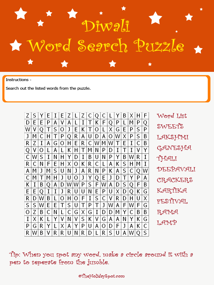 Diwali Word Search Colored Template