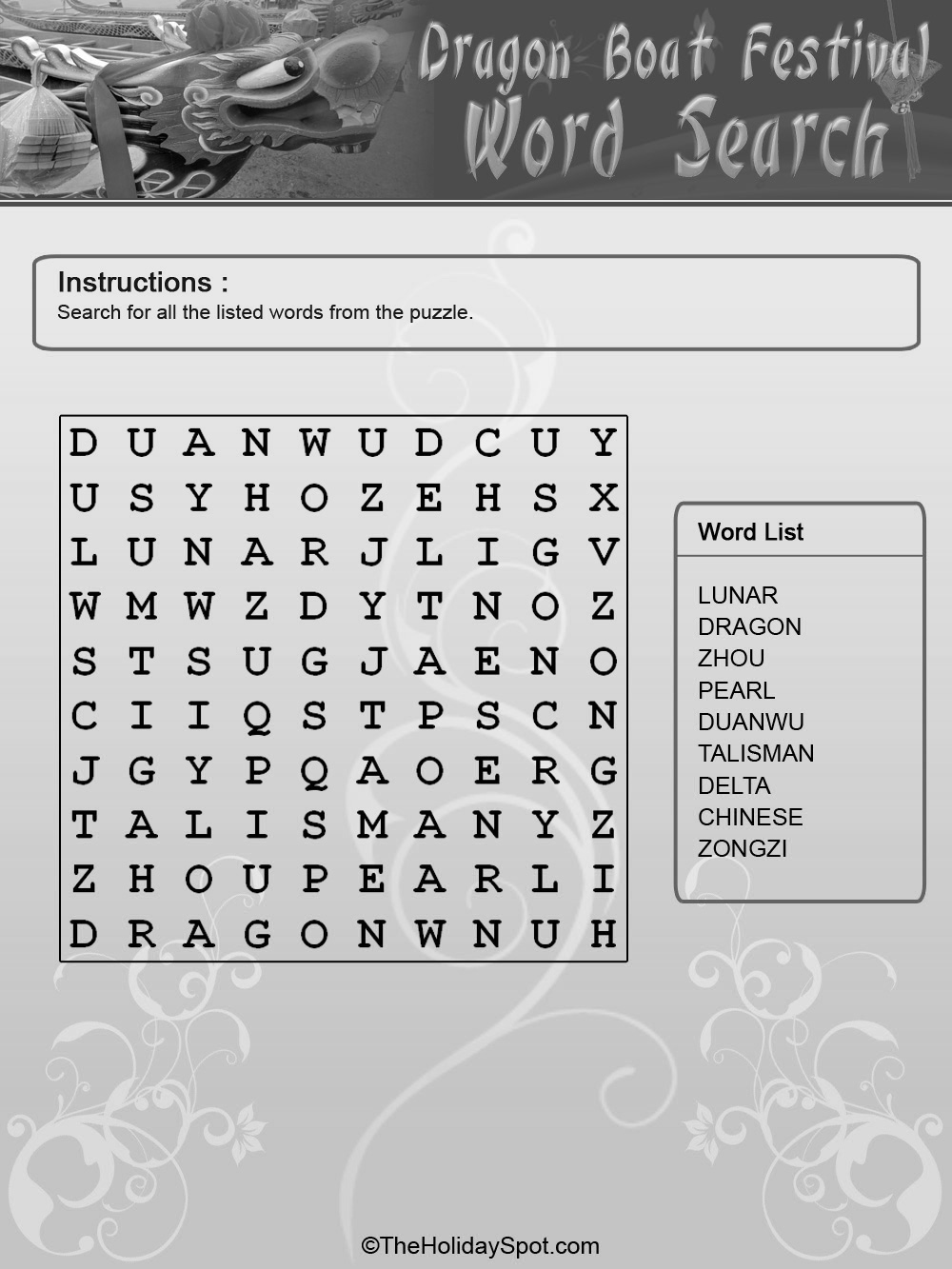Dragon Boat Festival Black and White Word Search template