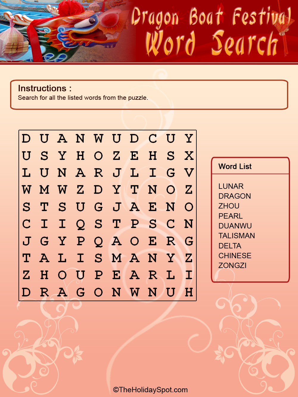 Dragon Boat Festival color Word Search template