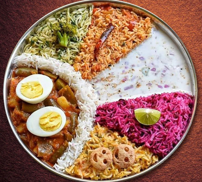 Beautiful thali decoration with rice, raita and egg
