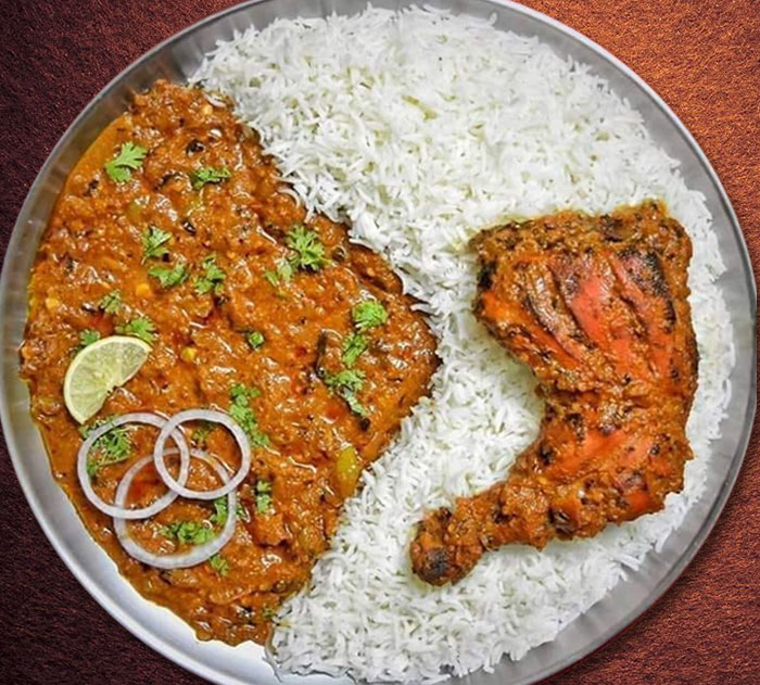 Thali decoration with rice and tanduri chicken