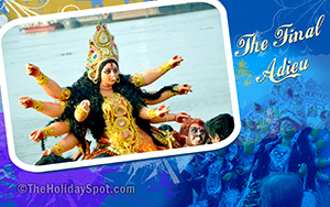High resolution desktop illustration showing the immersion of Goddess Durga on the day on Dasami.