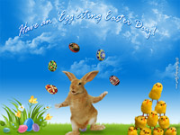 Chicks and Bunny are playing with eggs in easter wallpaper