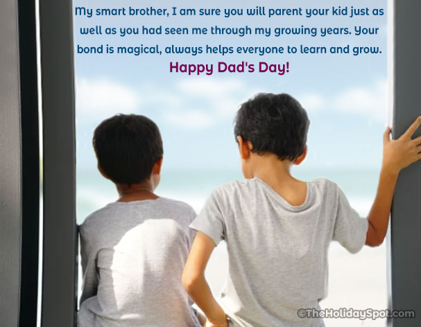 The image shows a beautiful Father's Day quote with a background of two brothers sitting at the window seeing outside