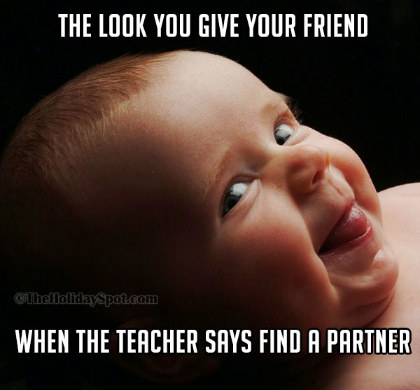 Meme with a funny text of friendship showing a clever smiling look of a baby