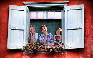 High Definition desktop illustration of three friends stand near a window