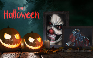 A HD Halloween wallpaper of two pumpkins and two photo frames of a joker and a zombie