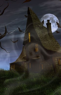 HD Halloween wallpaper of a haunted house and ghosts for iPhone background