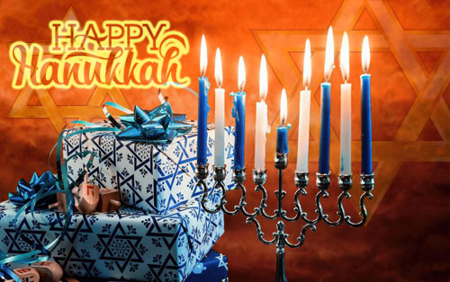 Dreidels, menorah and gifts with Happy Hanukkah wishes