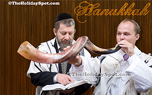 High definition picture of Rabbi blowing Shofar on Hanukkah festival.