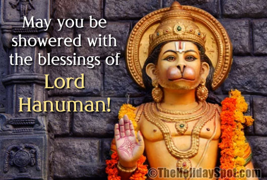 An image of Lord Hanuman idol with a message of blessings