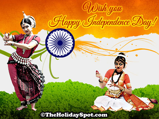 Indian Independence Day card with a background of two lady dancers