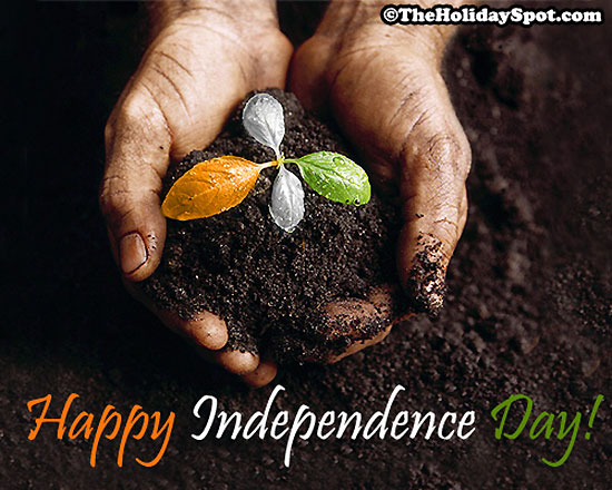 An Indian Independence Day greeting card with a background of a baby plant with a tricolor
