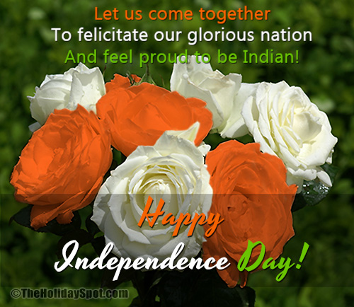 15th August card with background of Tricolored roses and with a wish of Happy Independence Day