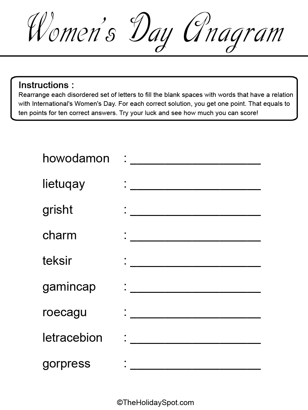 International Women's Day Black and White Anagram Template
