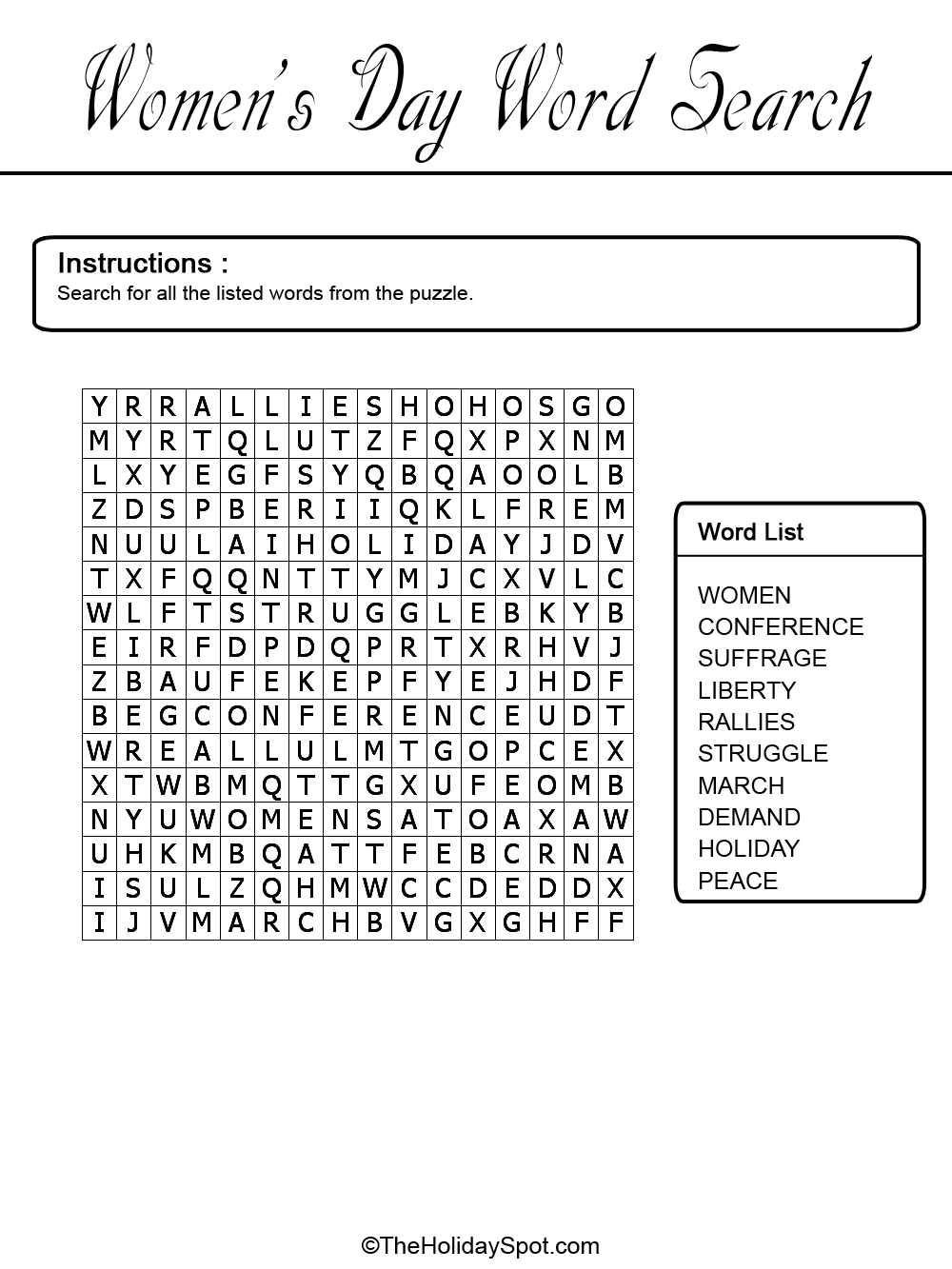 International Women's Day Black and White Word Search Template
