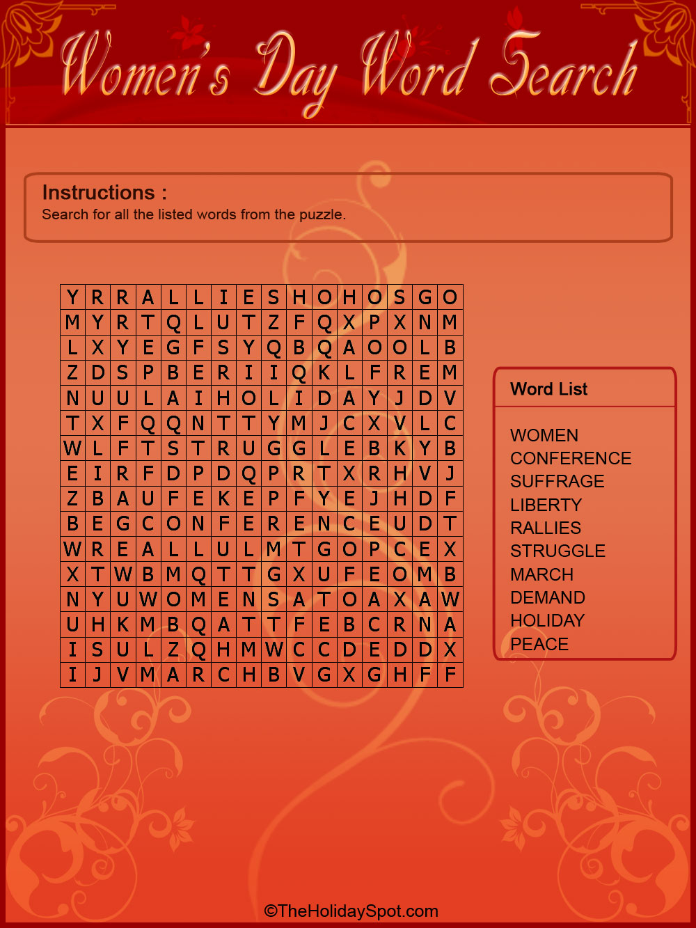 International Women's Day Color Word Search Template