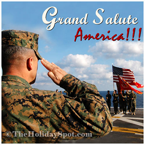 4th of July image themed with a soldier giving a grand salute to the American flag