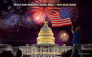 4th of July Wallpaper showing fireworks and a little girl holding the American Flag