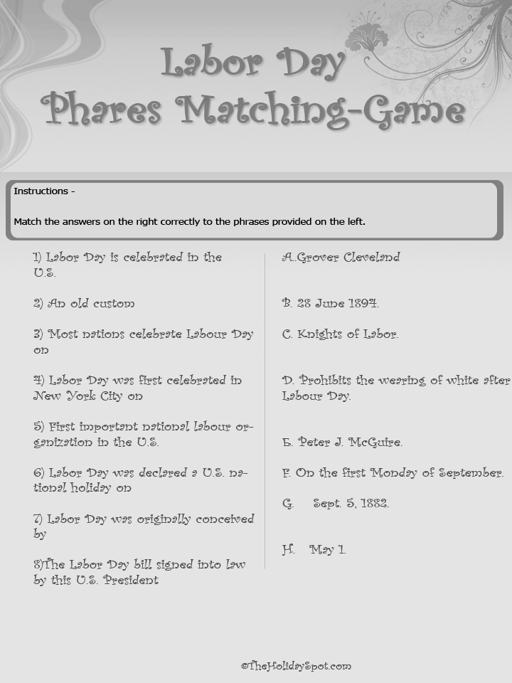 Labor Day Phrase Matching Game Puzzle Template