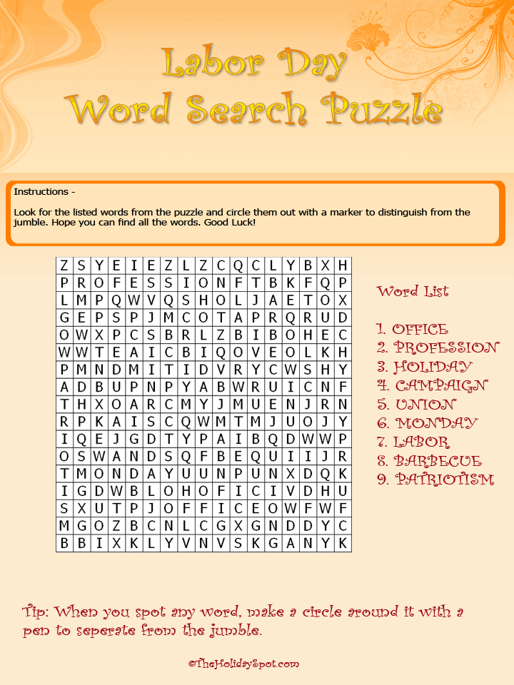 Labor Day Color Word Search Puzzle Template