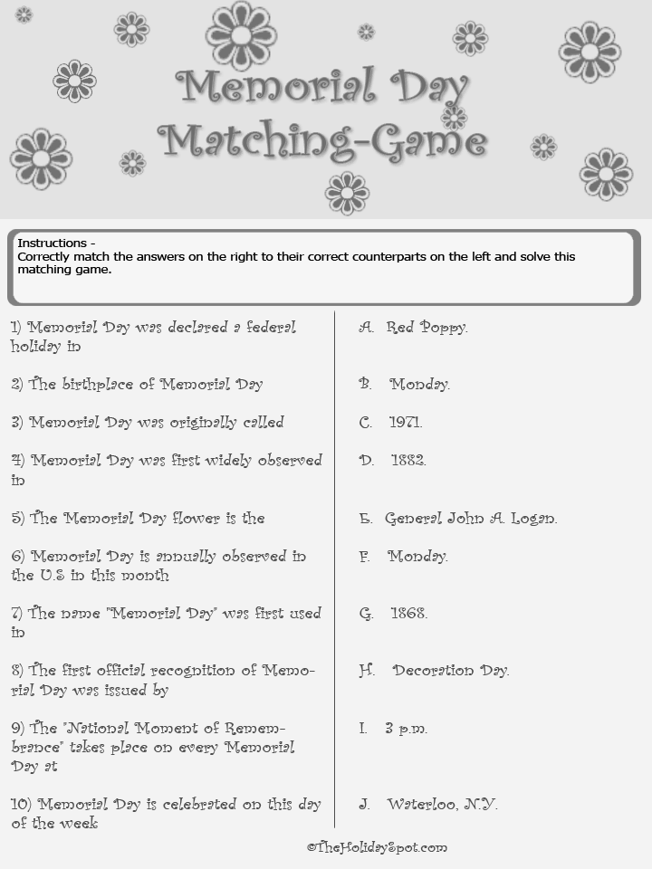 Memorial Day Matching Game Puzzle Black and White Version