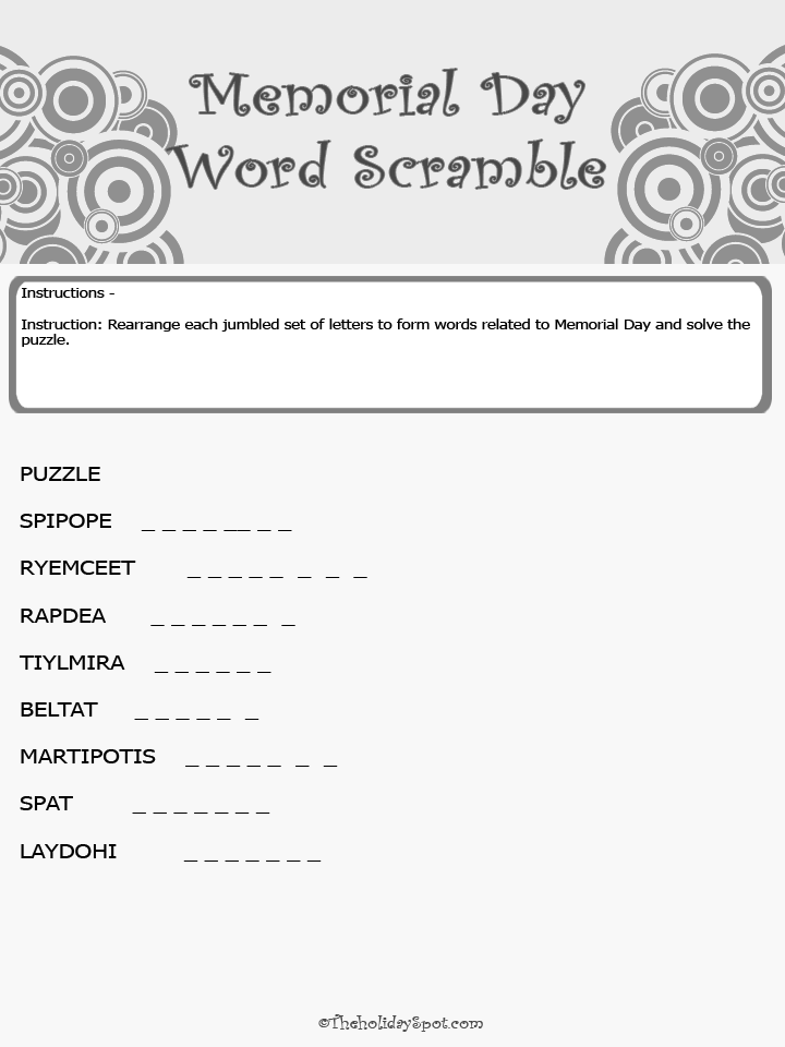 Black and White Word Scramble Puzzle for Memorial Day