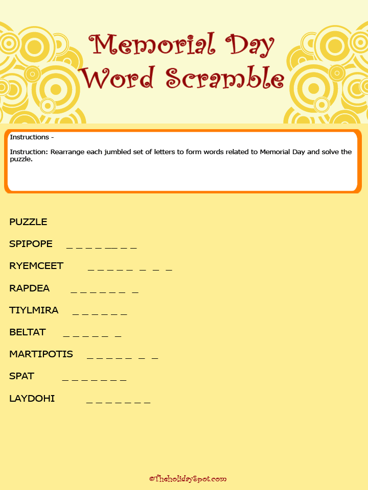 Color Word Scramble Puzzle for Memorial Day