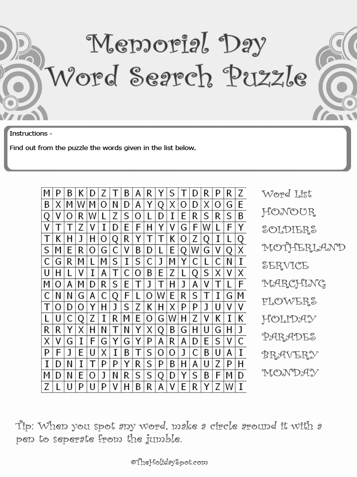 Memorial Day Word Search Black and White Template