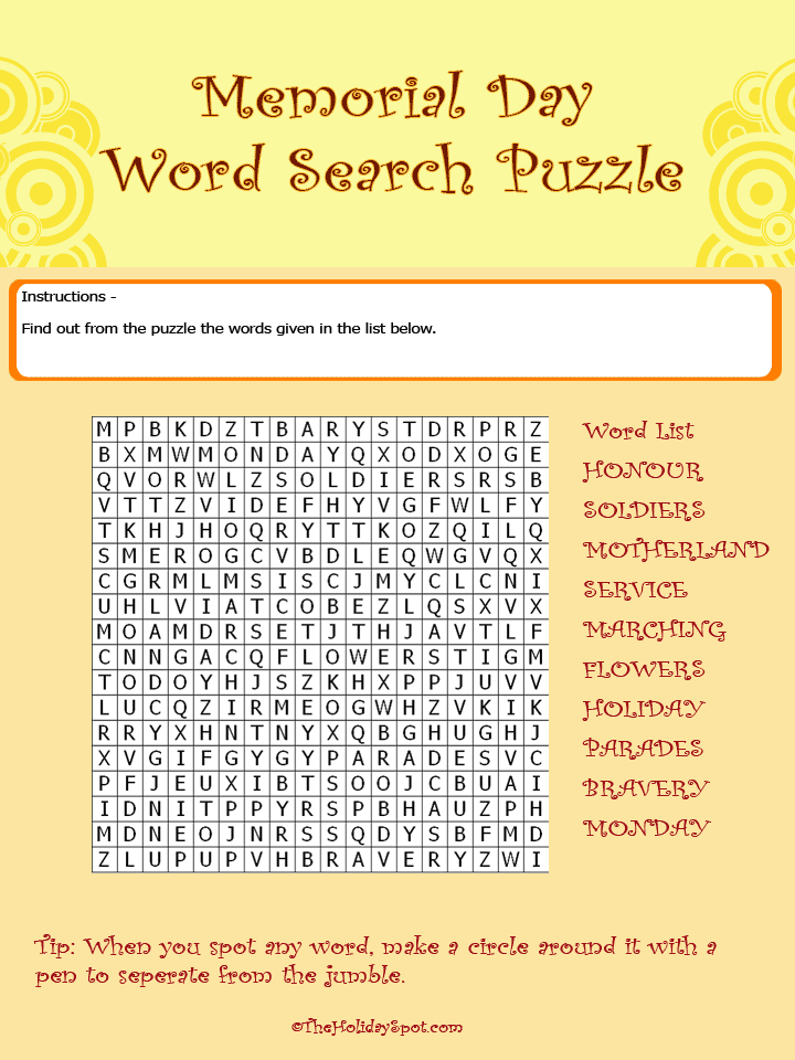 Memorial Day Word Search Color Template