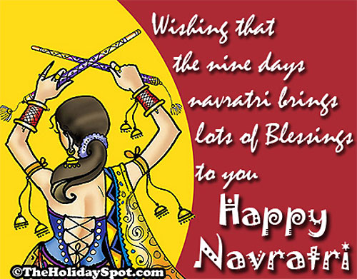 A Navratri greeting card with a background of a woman playing Dandiya