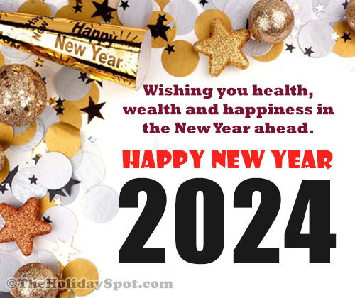 New Year card with the wishes for health, wealth and happiness