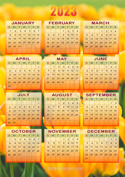 Printable Calendar for the year 2023 with beautiful tulip flower background