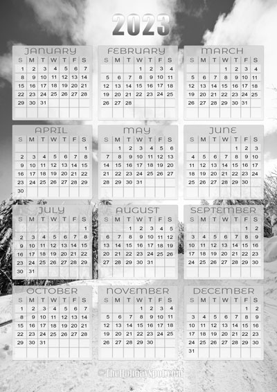 Black and white printable 2023 Calendar with the background of winter